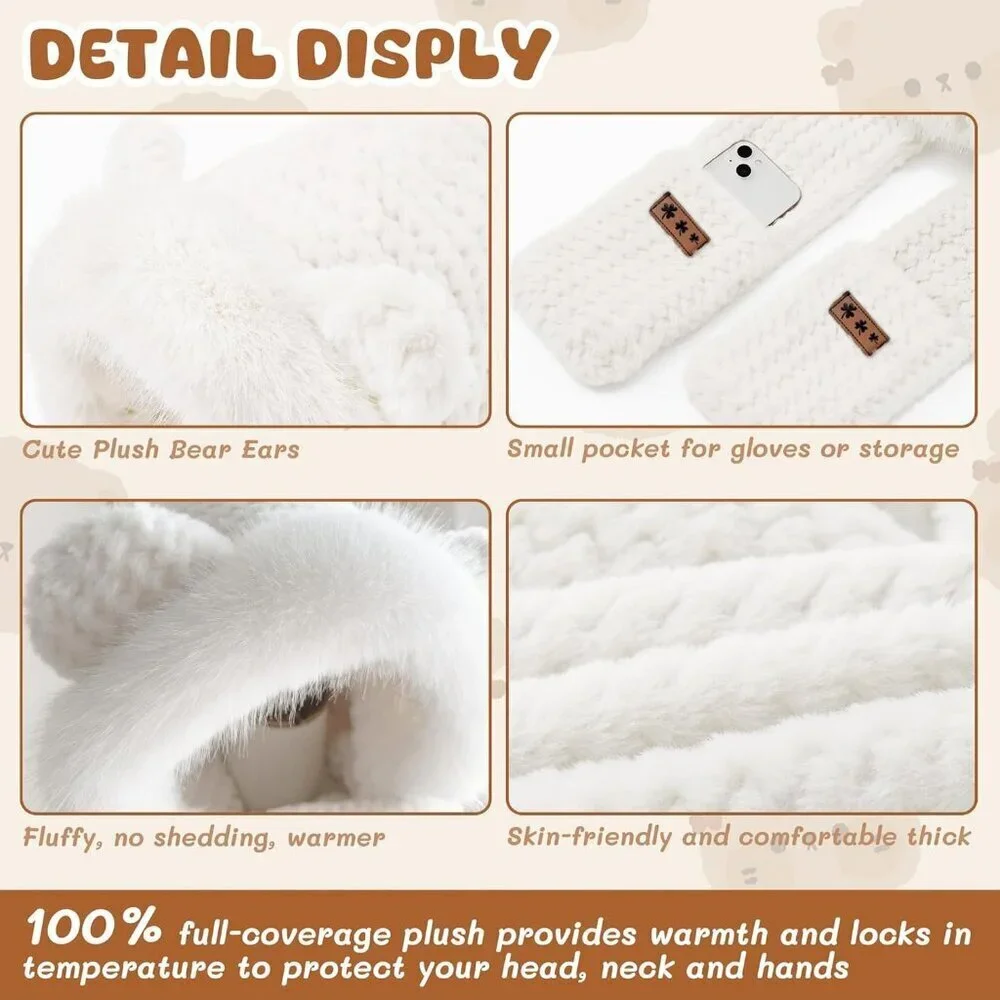Women's White Hooded Scarf Cute Bear Ear Hat Faux Fur Gloves Set Soft